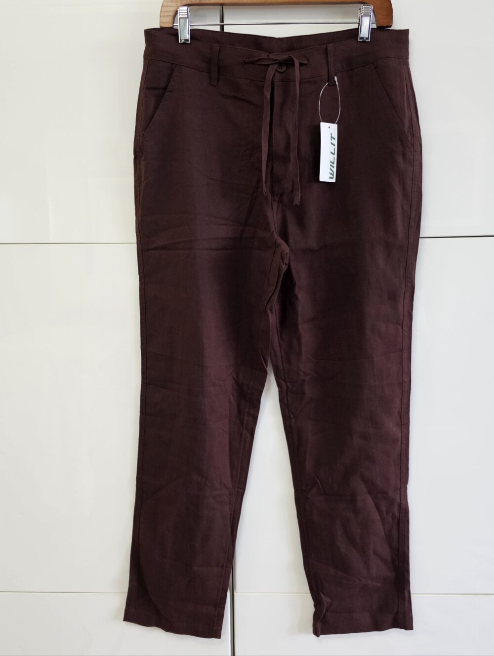 New Willit Burgundy Red Straight Fit Cotton Linen Blend Twill Chino Trousers - Picture 10 of 13